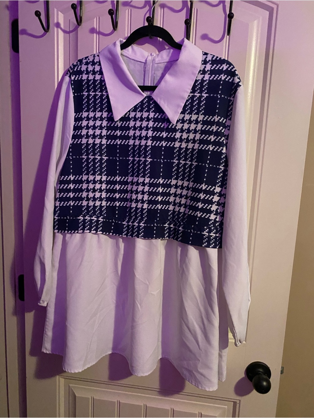 Plaid Layered Collared Tunic Top in Navy & White